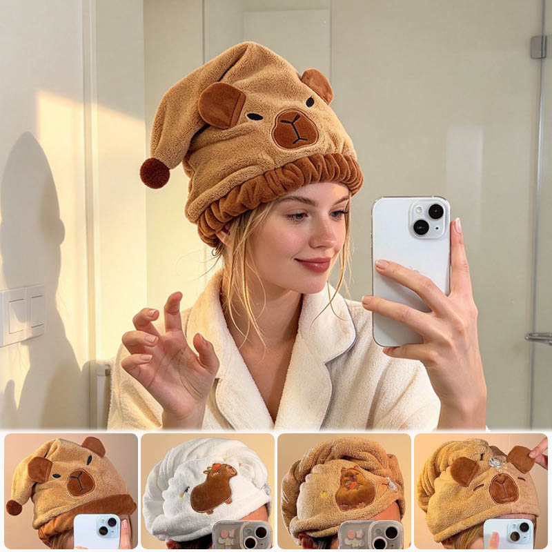 Spa Towel - カピバラ柄のコーラルフリース製ヘアタオル。吸水性が高く、速乾性があり、自宅でのスパや入浴、女性へのギフトに最適。新品。