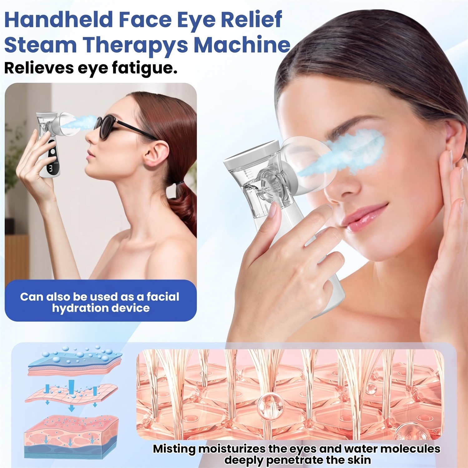 Face Steamer - アイ用ナノ加湿器、ネブライザー、アイスチーマー。目の疲れや乾燥を和らげ、保湿効果で顔や目元をケア。加湿ミスト。