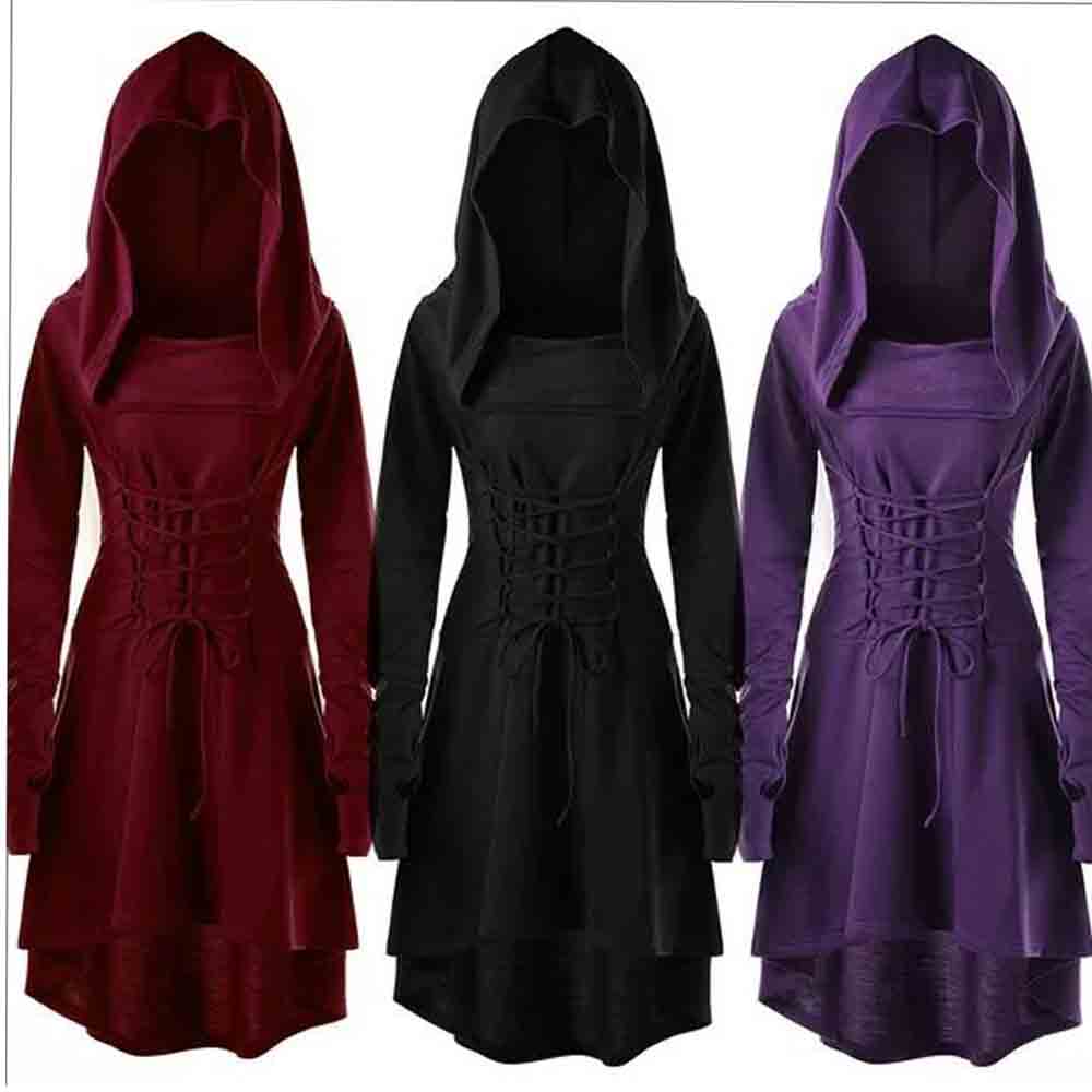 Bathrobe - 中世ルネッサンスアーチャーコスプレ衣装女性ヴィンテージフード付きローブレースアッププルオーバーロングマントハロウィンパーティードレス
