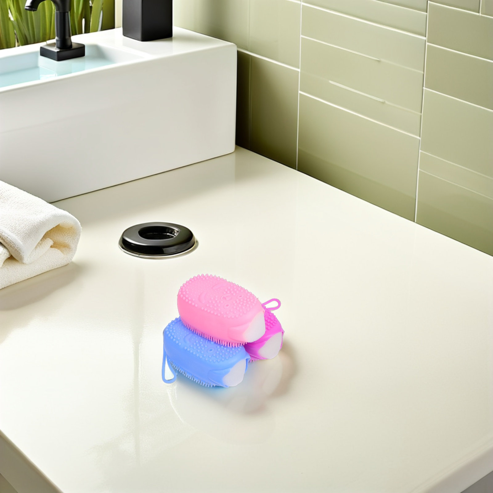 Body Brush - 3個入り シリコン製シャワーブラシ、両面使用可能、柔らかいバススポンジ、体用スクラバー、洗濯可能、角質除去、背中用、旅行に便利なスポンジ