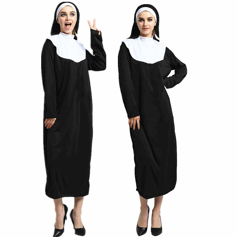 Bathrobe - ハロウィーンの仮装、女性用修道女コスチューム、伝統的な大人用修道女衣装、黒いローブ、宗教的な衣装、コスプレ、聖母マリア、黒いロングドレス。
